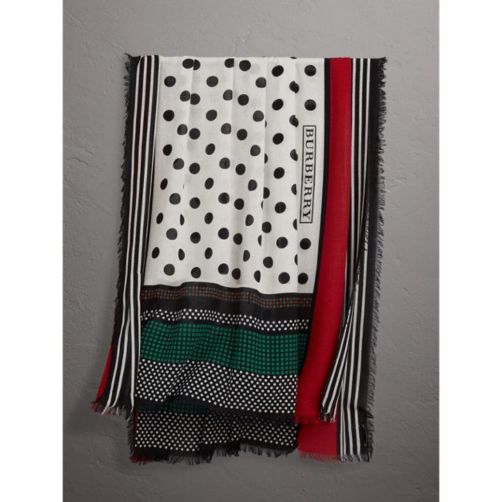 Burberry Burberry Graphic Spot And Stripe Print Silk Cotton Scarf, Red