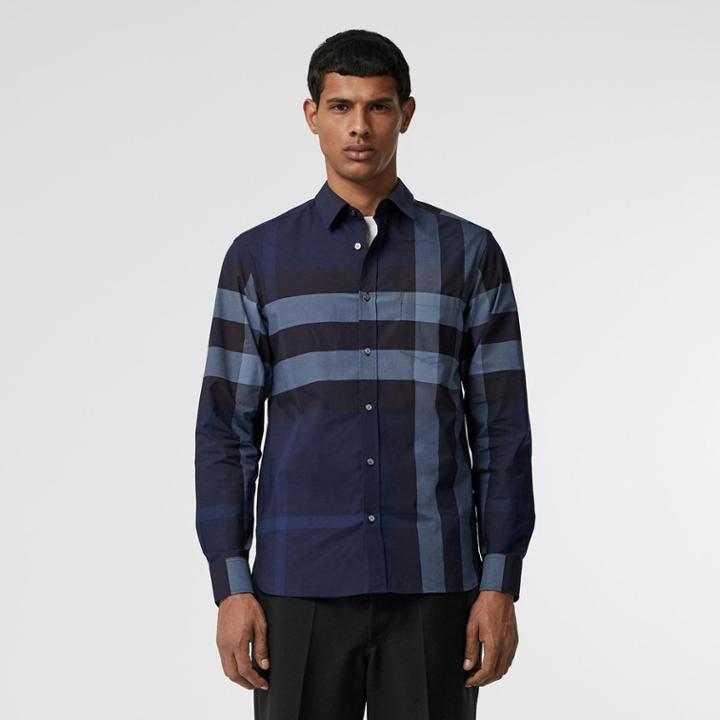 Burberry Burberry Check Stretch Cotton Shirt, Size: L, Bright Navy