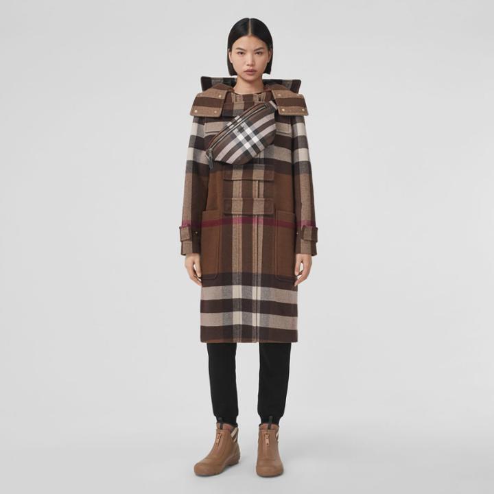 Burberry Burberry Detachable Hood Check Technical Wool Duffle Coat, Size: 0
