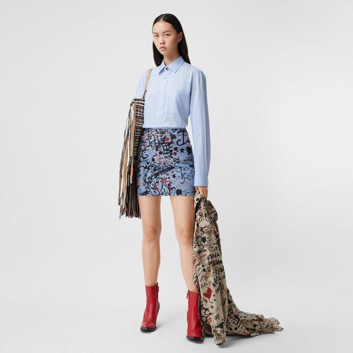 Burberry Burberry Graffiti Print Washed Denim Mini Skirt, Size: 04, Blue