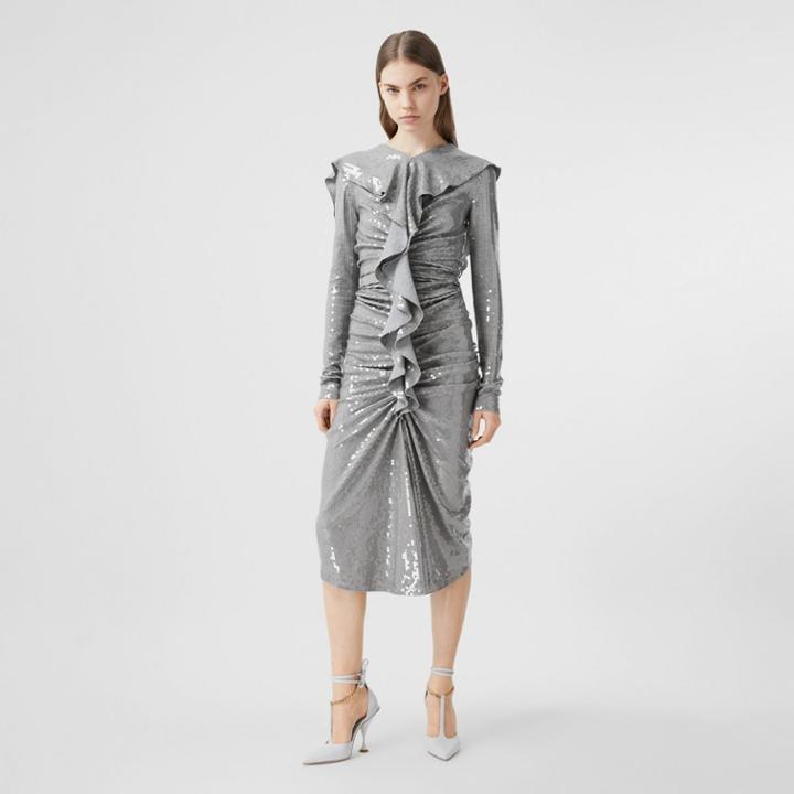 Burberry Burberry Ruffle Detail Sequinned Stretch Silk Dress, Size: 04, Grey
