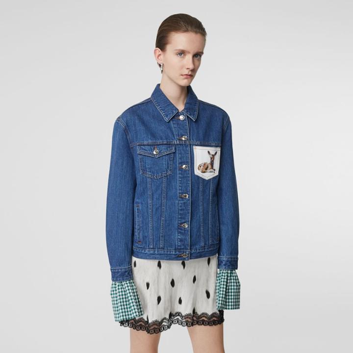 Burberry Burberry Deer Motif Japanese Denim Jacket, Size: 04, Blue
