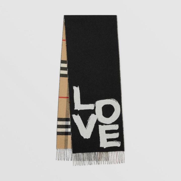 Burberry Burberry Love And Check Cashmere Jacquard Scarf, Black