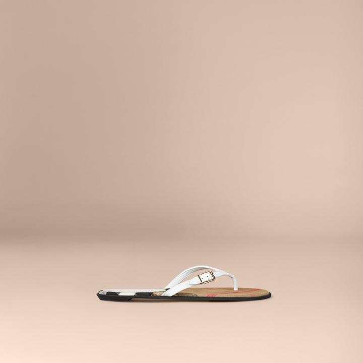 Burberry Burberry House Check And Leather Flip Flops, Size: 38, White