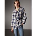 Burberry Burberry Pussy-bow Check Flannel Shirt, Size: 08, Blue
