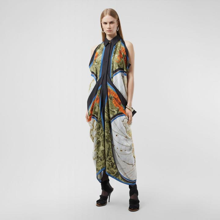 Burberry Burberry Map Print Draped Silk Dress, Size: 02, Green