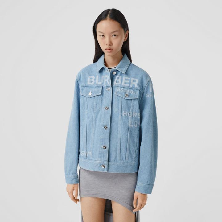 Burberry Burberry Horseferry Print Bleached Denim Jacket, Size: 04, Blue