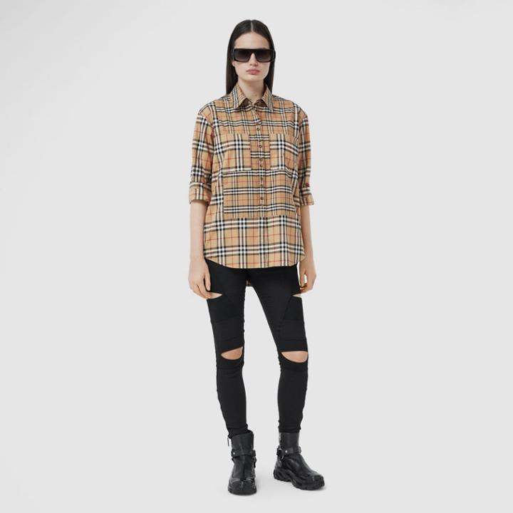 Burberry Burberry Contrast Check Stretch Cotton Shirt, Size: 06, Beige