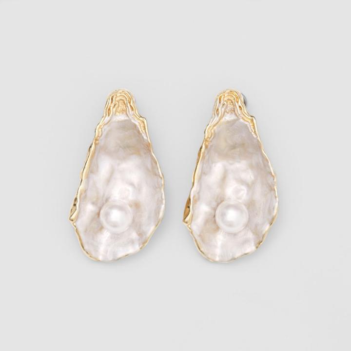 Burberry Burberry Faux Pearl Detail Gold-plated Oyster Earrings, Yellow