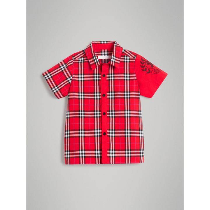 Burberry Burberry Short-sleeve Archive Logo Detail Check Cotton Shirt, Size: 14y, Red