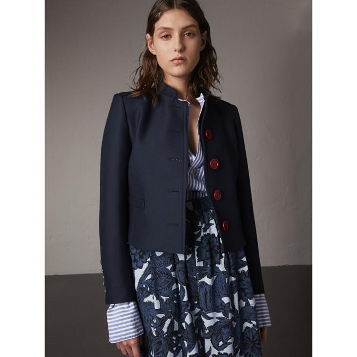 Burberry Burberry Resin Button Wool Cotton Blend Jacket, Size: 04, Blue