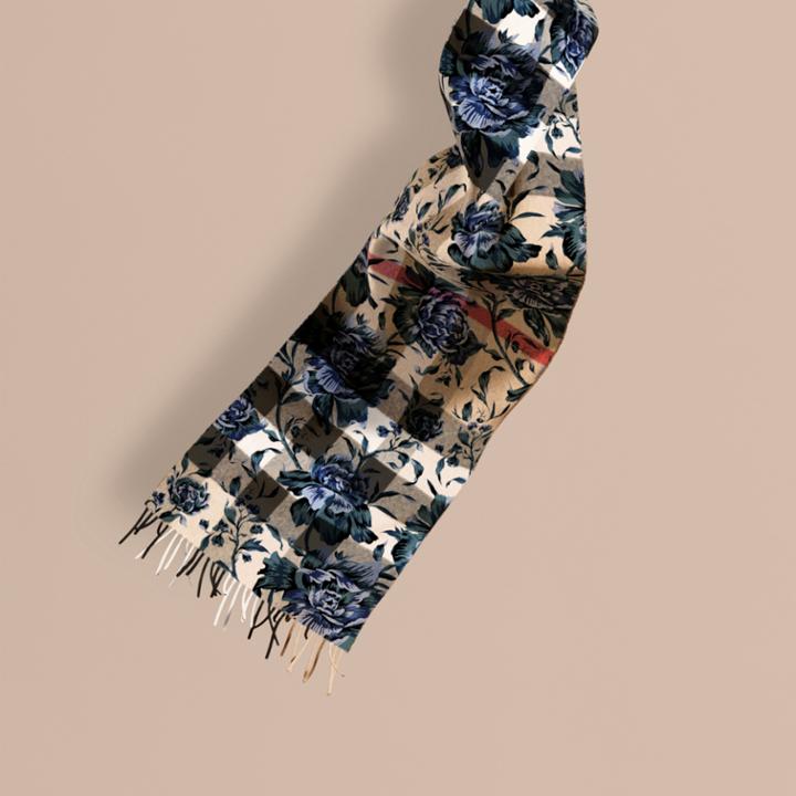 Burberry Burberry Reversible Floral Print And Check Cashmere Scarf, Blue