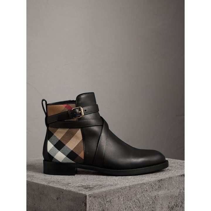 Burberry Burberry Strap Detail House Check And Leather Ankle Boots, Size: 37, Black