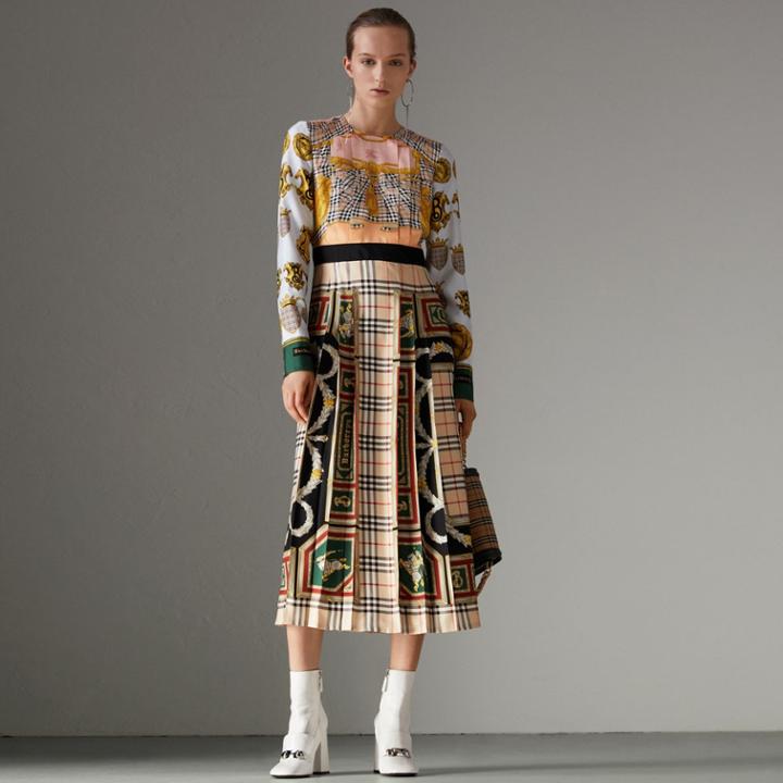 Burberry Burberry Archive Scarf Print Pleated Silk Dress, Size: 12, Apricot Pink