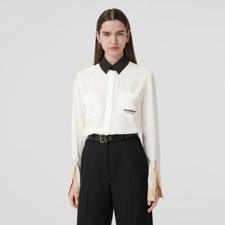 Burberry Burberry Logo Detail Silk Crepe De Chine Shirt, Size: 0