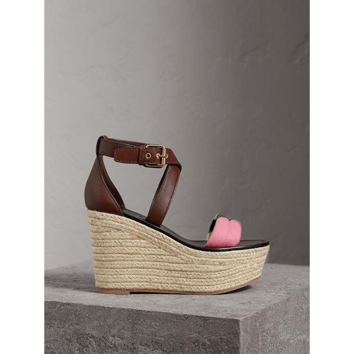 Burberry Burberry Leather And House Check Platform Espadrille Wedge Sandals, Size: 41, Purple
