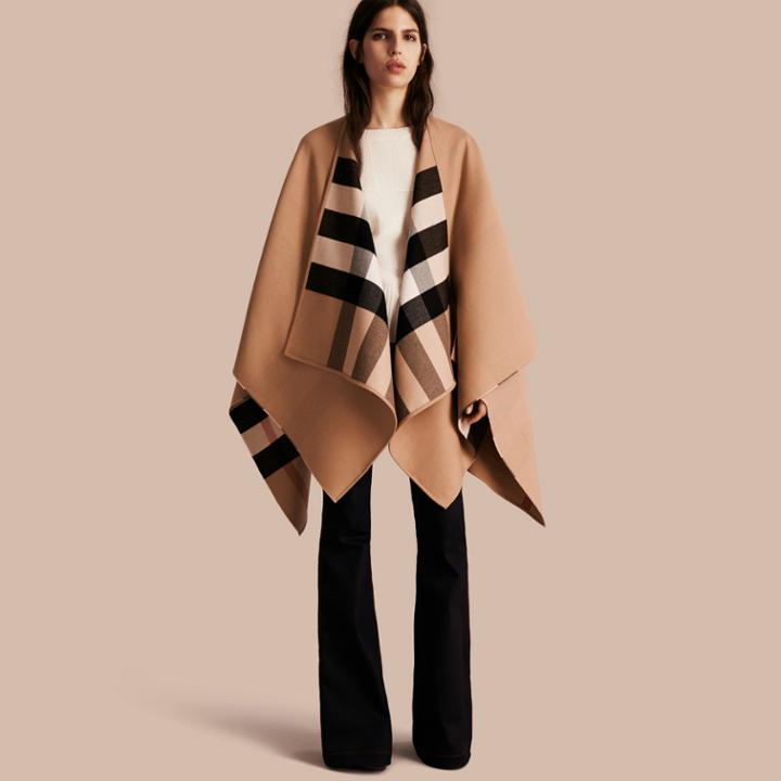 Burberry Burberry Reversible Check Merino Wool Poncho, Brown