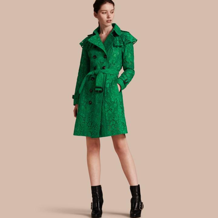 Burberry Burberry Ruffle Detail Macram Lace Trench Coat, Size: 06, Green