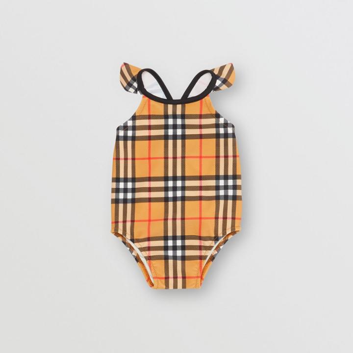 Burberry Burberry Childrens Ruffle Detail Vintage Check Swimsuit, Size: 18m, Antique Yellow