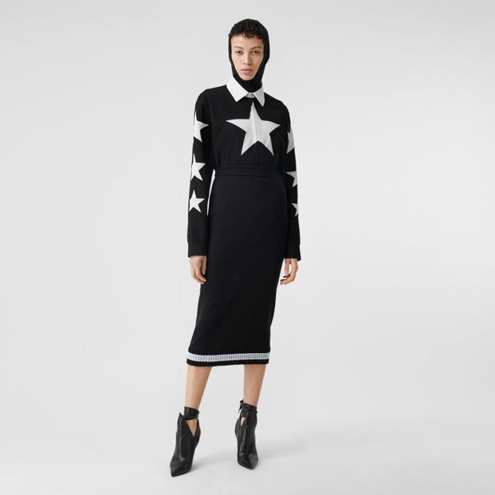 Burberry Burberry Long-sleeve Star Motif Cotton Piqu Polo Shirt Dress, Black