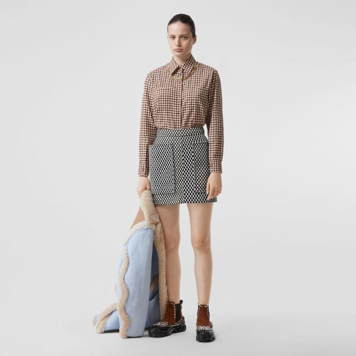 Burberry Burberry Chain Detail Gingham Cotton Flannel Oversized Shirt, Size: 00, Brown