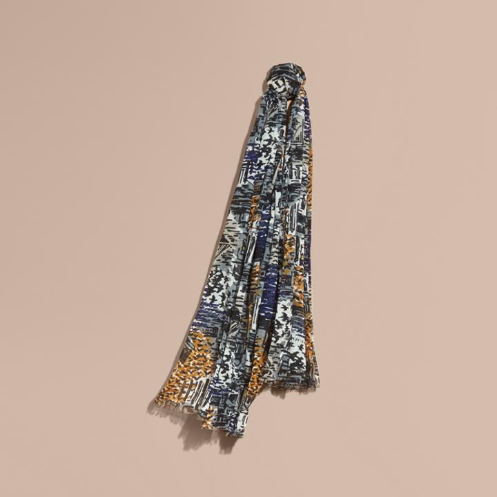 Burberry Burberry British Seaside Print Cotton Cashmere Scarf, Blue
