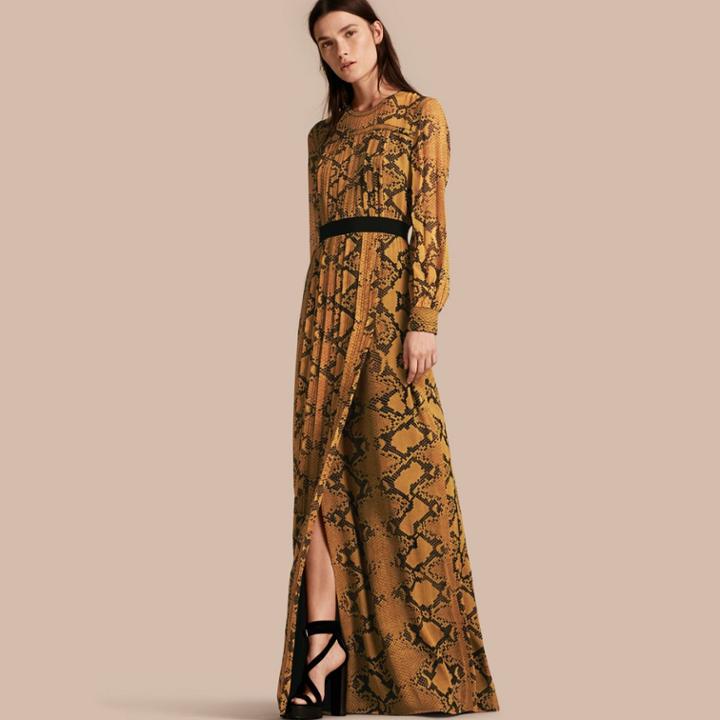 Burberry Burberry Floor-length Pleat Detail Python Print Silk Dress, Size: 00, Yellow