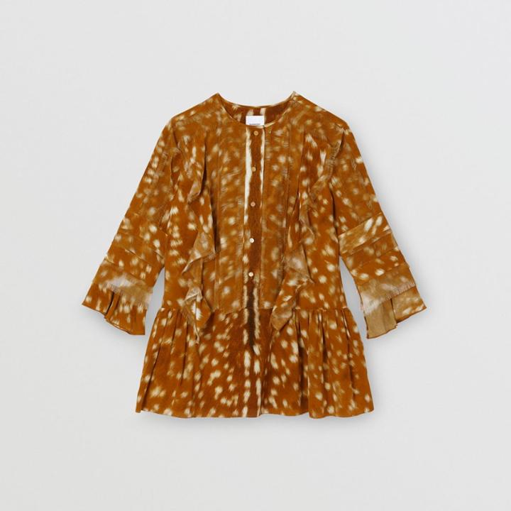 Burberry Burberry Childrens Ruffle Detail Deer Print Silk Dress, Size: 10y, Yellow