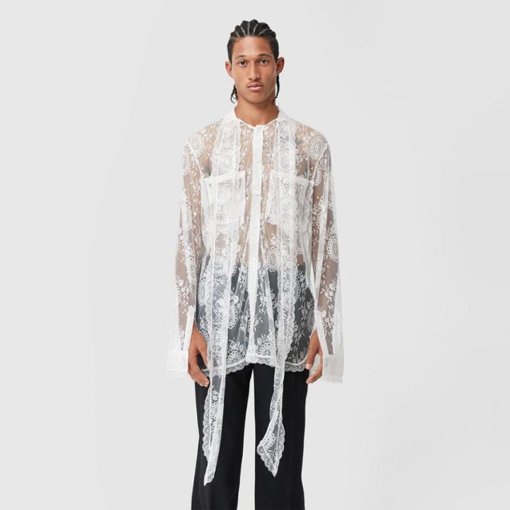 Burberry Burberry Chantilly Lace Oversized Tie-neck Shirt, White