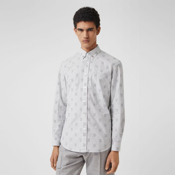 Burberry Burberry Slim Fit Monogram Motif Pinstriped Cotton Shirt, White