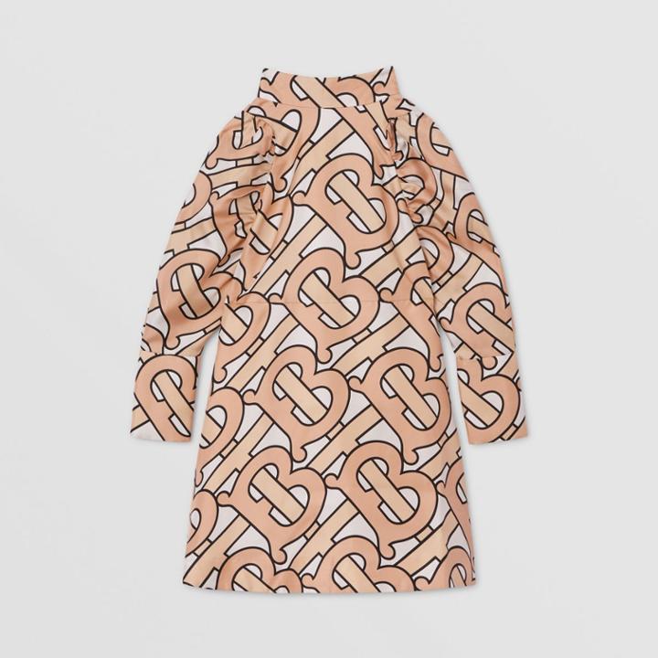 Burberry Burberry Childrens Puff-sleeve Monogram Print Silk Dress, Size: 14y, Pink