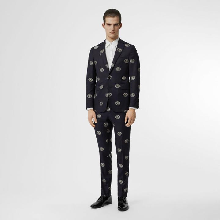 Burberry Burberry Slim Fit Fil Coup Crest Wool Tailored Trousers, Size: 34, Blue