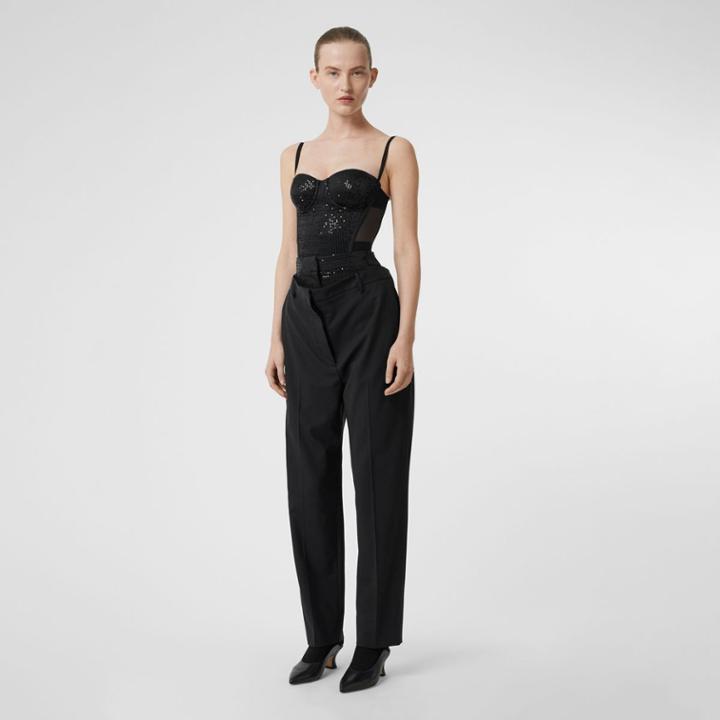 Burberry Burberry Sequinned Panel Double-waist Stretch Wool Trousers, Size: 00, Black