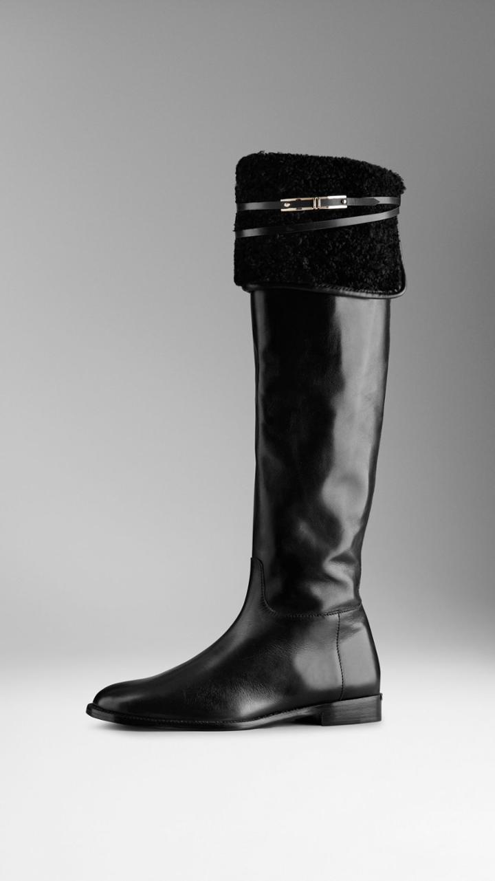 Burberry Burberry Shearling Detail Leather Boots, Size: 37, Black