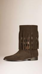 Burberry Burberry Check Panel Suede Fringe Boots, Size: 38.5, Grey