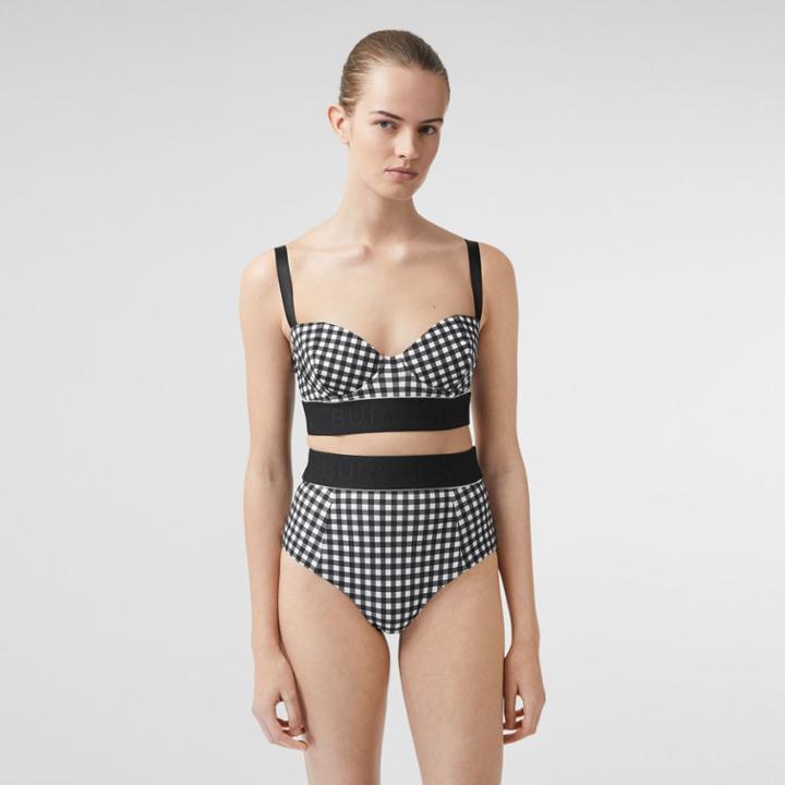 Burberry Burberry Logo Tape Gingham Bikini Top, Size: Xs, Black