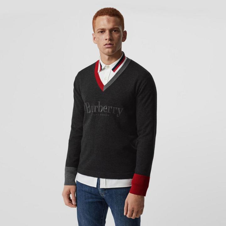 Burberry Burberry Embroidered Logo Merino Wool V-neck Sweater, Grey