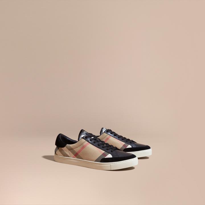 Burberry Burberry House Check And Leather Trainers, Size: 43, Black
