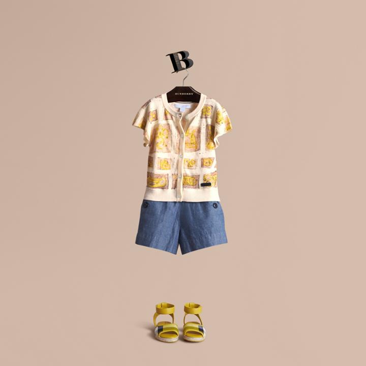 Burberry Burberry Short-sleeve Framed Motifs Linen Cotton Cardigan, Size: 4y, White