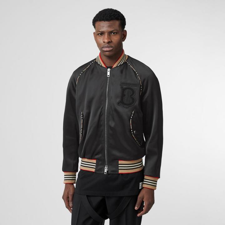 Burberry Burberry Icon Stripe Detail Monogram Motif Bomber Jacket, Size: 48, Black