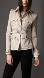 Burberry Burberry Leather Detail Cotton Gabardine Jacket, Size: 12, Beige