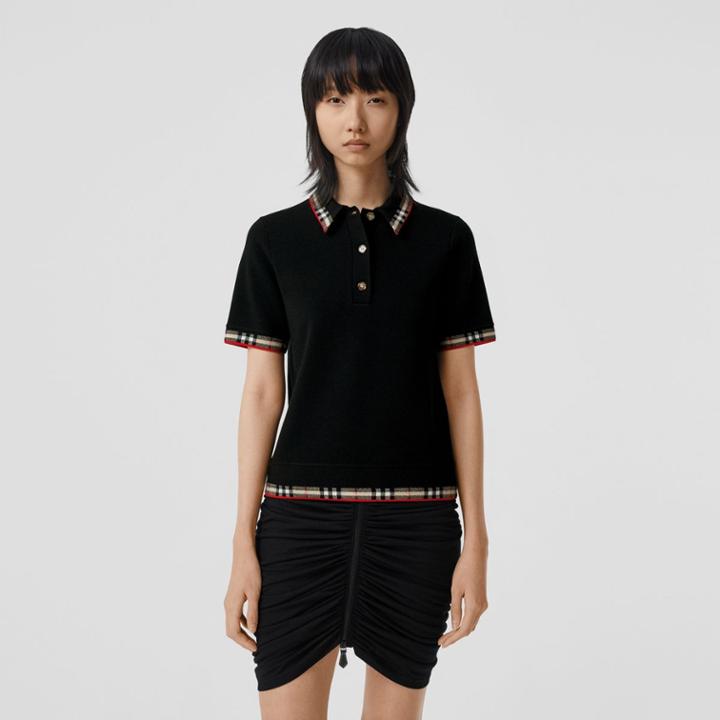 Burberry Burberry Check Trim Merino Wool Blend Polo Shirt, Black