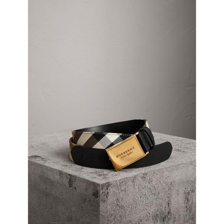 Burberry Burberry Plaque Buckle House Check And Leather Belt, Size: 105, Black
