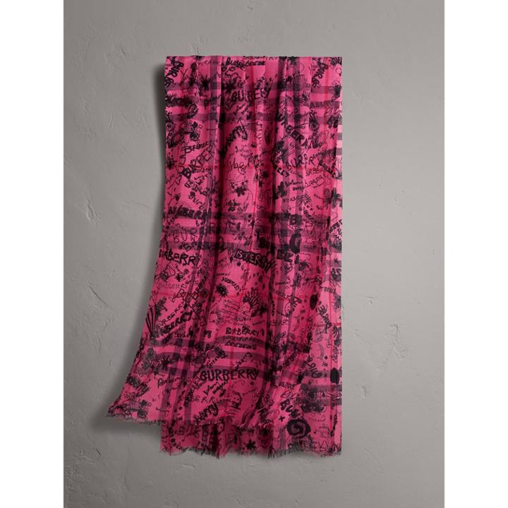 Burberry Burberry Doodle Print Check Wool Silk Scarf