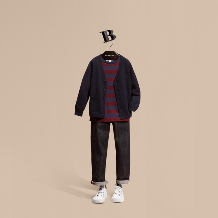 Burberry Burberry Check Detail Merino Wool Cardigan, Size: 6y, Blue