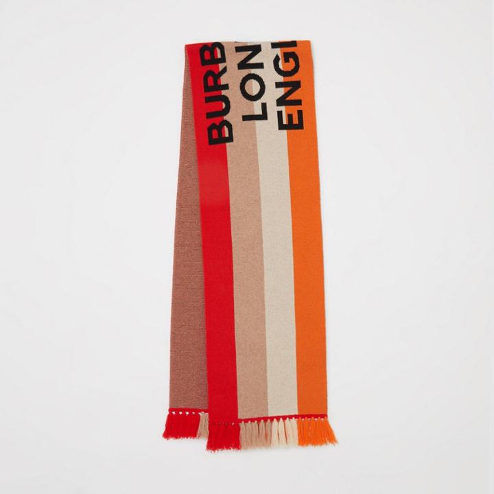 Burberry Burberry Logo Detail Striped Cashmere Jacquard Scarf, Orange