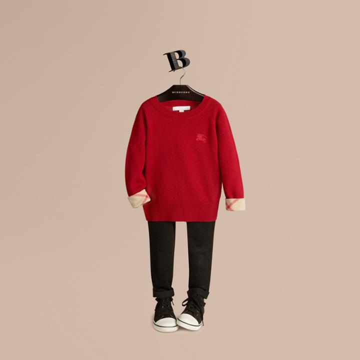 Burberry Burberry Check Cuff Cashmere Sweater, Size: 6y, Red