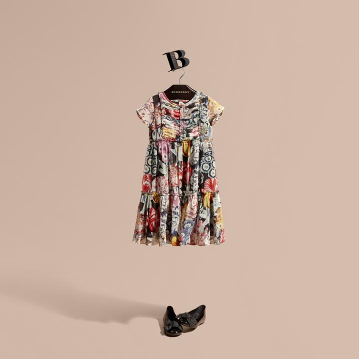Burberry Burberry Ruched Detail Painterly Floral Print Silk Dress, Size: 4y, Black