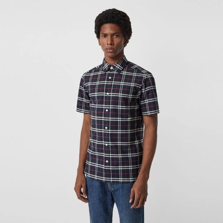 Burberry Burberry Short-sleeve Check Stretch Cotton Shirt, Blue