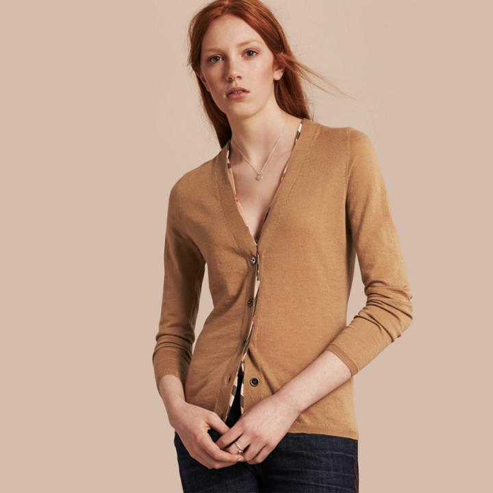 Burberry Burberry Check Placket Wool Cardigan, Size: S, Brown